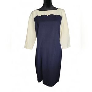 Talbots Navy/Cream Scalloped Detail 3/4 Sleeve Sheath Midi Dress, Women Size 6